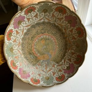 Vintage antique peacock Mughal Indian large Brass bowl retro / boho home decor